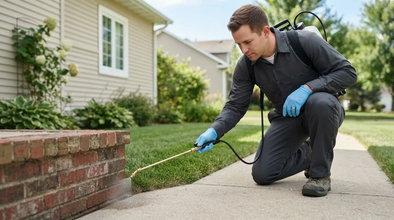 Pest control technician treating a home near Brinkley, AR